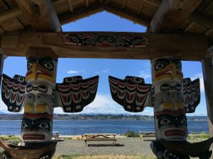 Welcome to the Nuyumbalees Cultural Center. Visitors can walk across the street and picnic here with a view across the water to Campbell River on Vancouver Island.