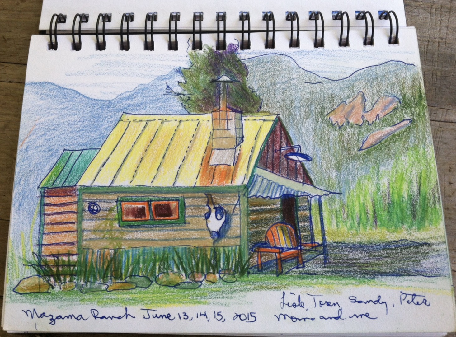 Oldest sister Cheryl Renee Long, artist, sketched our location at the Mazama Ranch House.